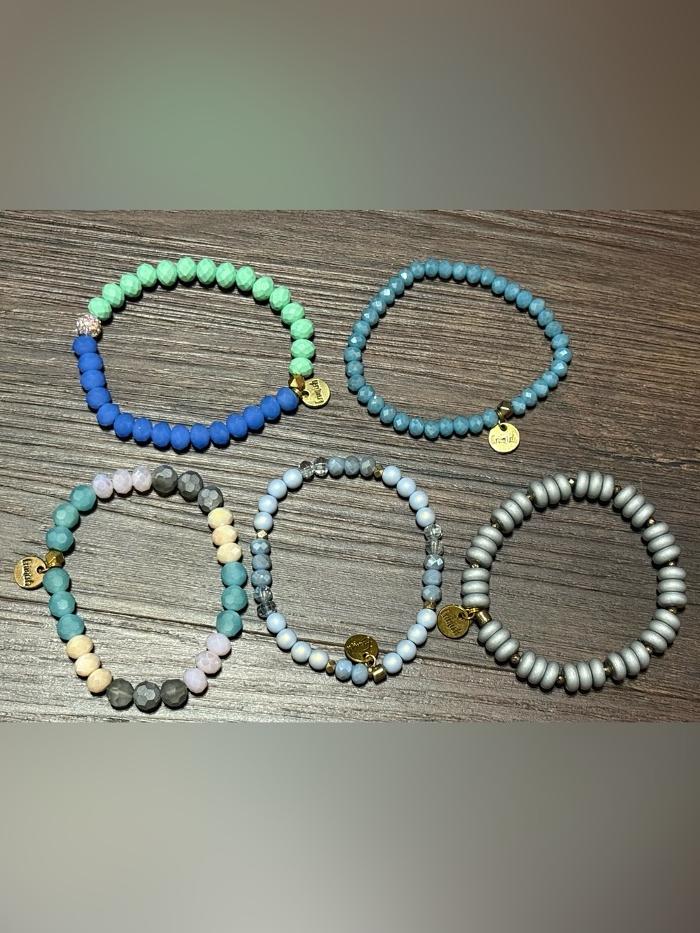 Gold-Tag Multi-Color Beaded Stretch Bracelet Set - Blue, Aqua, Mint, Gray